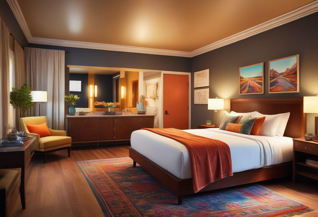 A cozy, inviting bedroom with a mix of budget-friendly and luxurious accommodations, showcasing a split view of a charming motel and a high-end hotel suite. Include travel essentials like bags, a map highlighting US travel destinations, and playful icons representing budget and luxury. Bright, warm lighting to evoke a sense of comfort and adventure. Illustrative style with a hint of whimsy and vibrant colors.