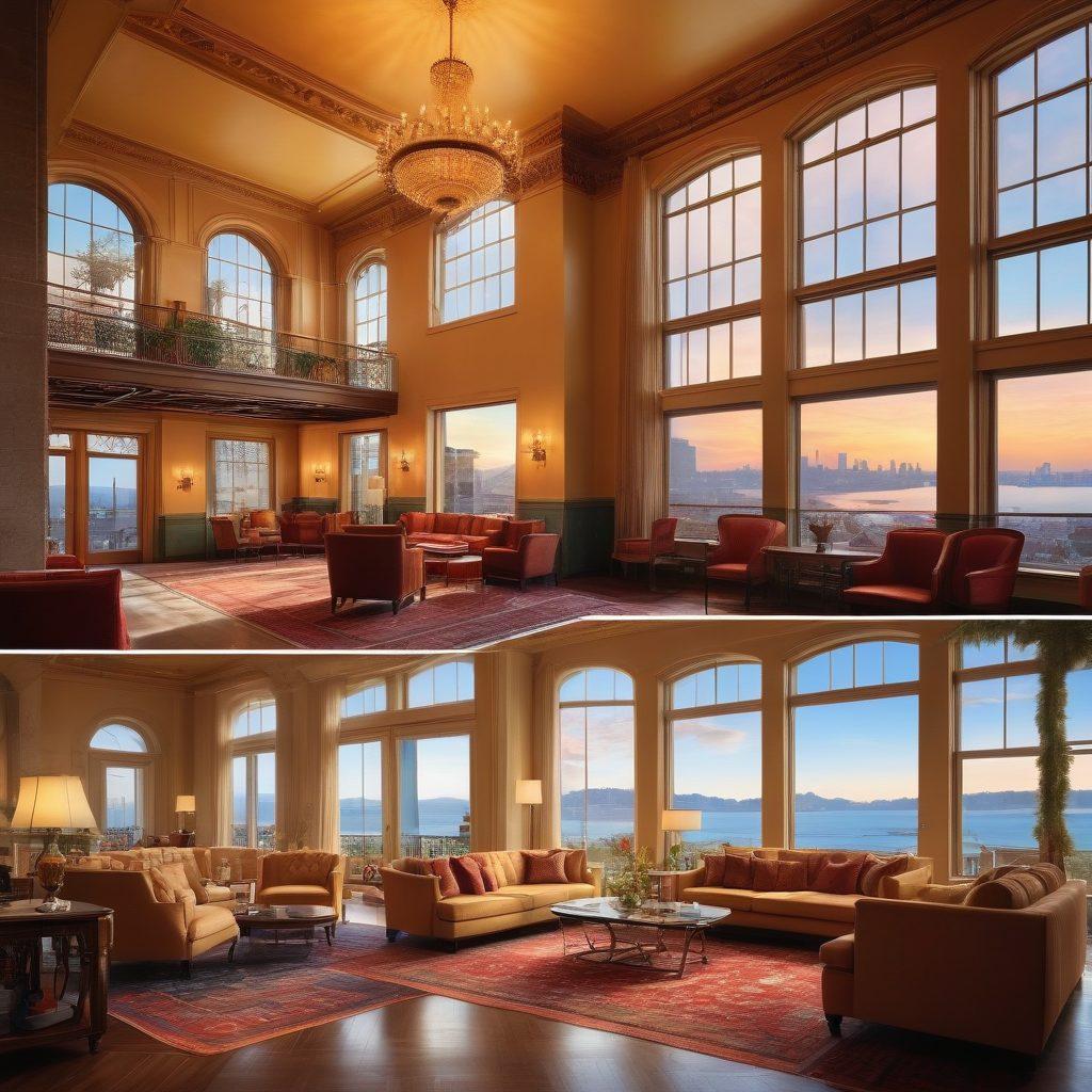 A split scene showcasing a luxurious hotel on one side with elegant lobby decor, plush furnishings, and a stunning view, while the other side features a cozy, affordable accommodation with warm lighting and charming simplicity. A traveler in between, looking amazed at both options, surrounded by iconic US landmarks in the background. super-realistic. vibrant colors. warm lighting.