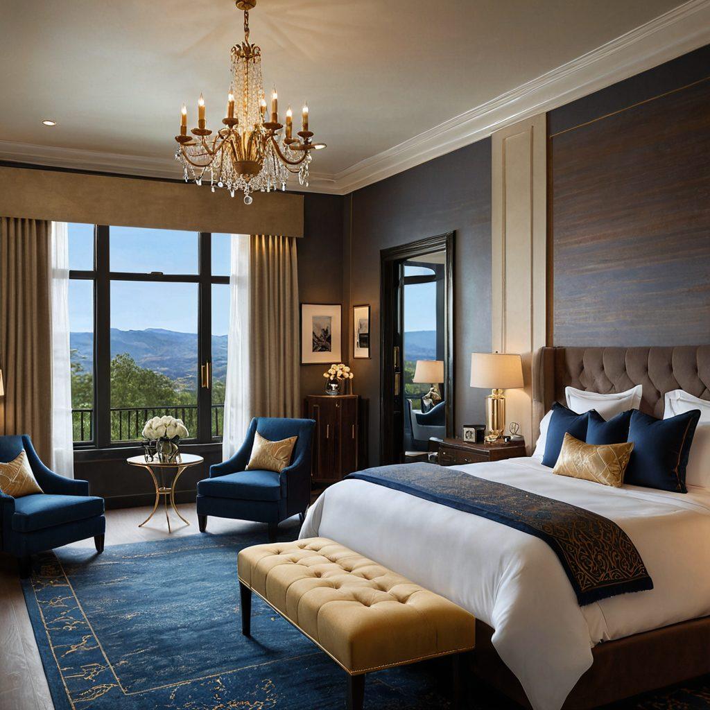 A stylish hotel room blending elements from a cozy inn with an opulent suite, featuring a warm fireplace, plush bedding, and elegant decor. Include a window view showcasing a picturesque landscape, symbolizing comfort and luxury. Incorporate soft lighting to evoke a welcoming atmosphere. elegant color palette. super-realistic. vibrant colors.